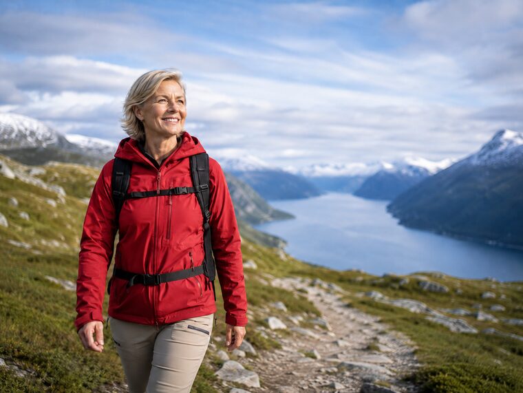 Kvinne som går tur ved en fjord og lever et aktivt liv med lungesykdom